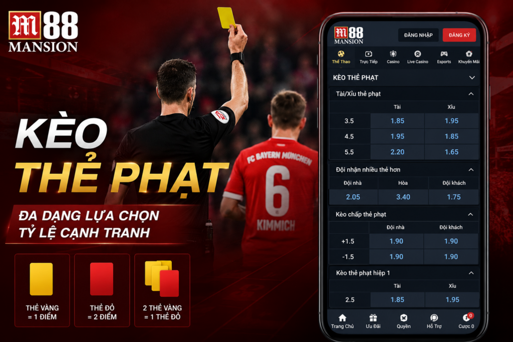 Giao diện bảng kèo thẻ phạt hiển thị trên M88